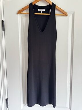 Good American Black Ribbed Bodycon Midi Dress V Neck Racerback Size 2